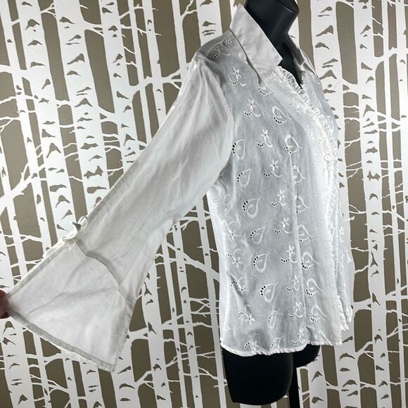 Cotton Sheer Eyelet Floral Hearts Button Front Top L - Picture 4 of 9